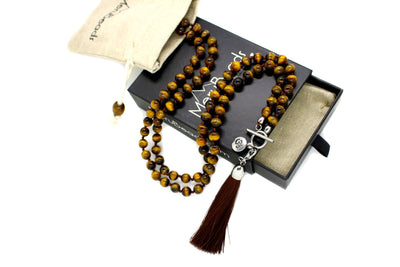 8mm Tiger's Eye Yellow Mala Beads Wrap Necklace with Removable Tassel - MeruBeads