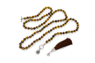 8mm Tiger's Eye Yellow Mala Beads Wrap Necklace with Removable Tassel - MeruBeads