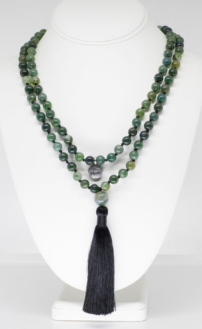 Moss Agate Mala Beads Necklace - "I am Warrior" - MeruBeads