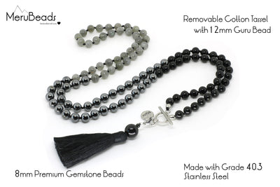 8mm Labradorite, Obsidian & Hematite Ombre Mala Beads Wrap Necklace with Removable Tassel - MeruBeads